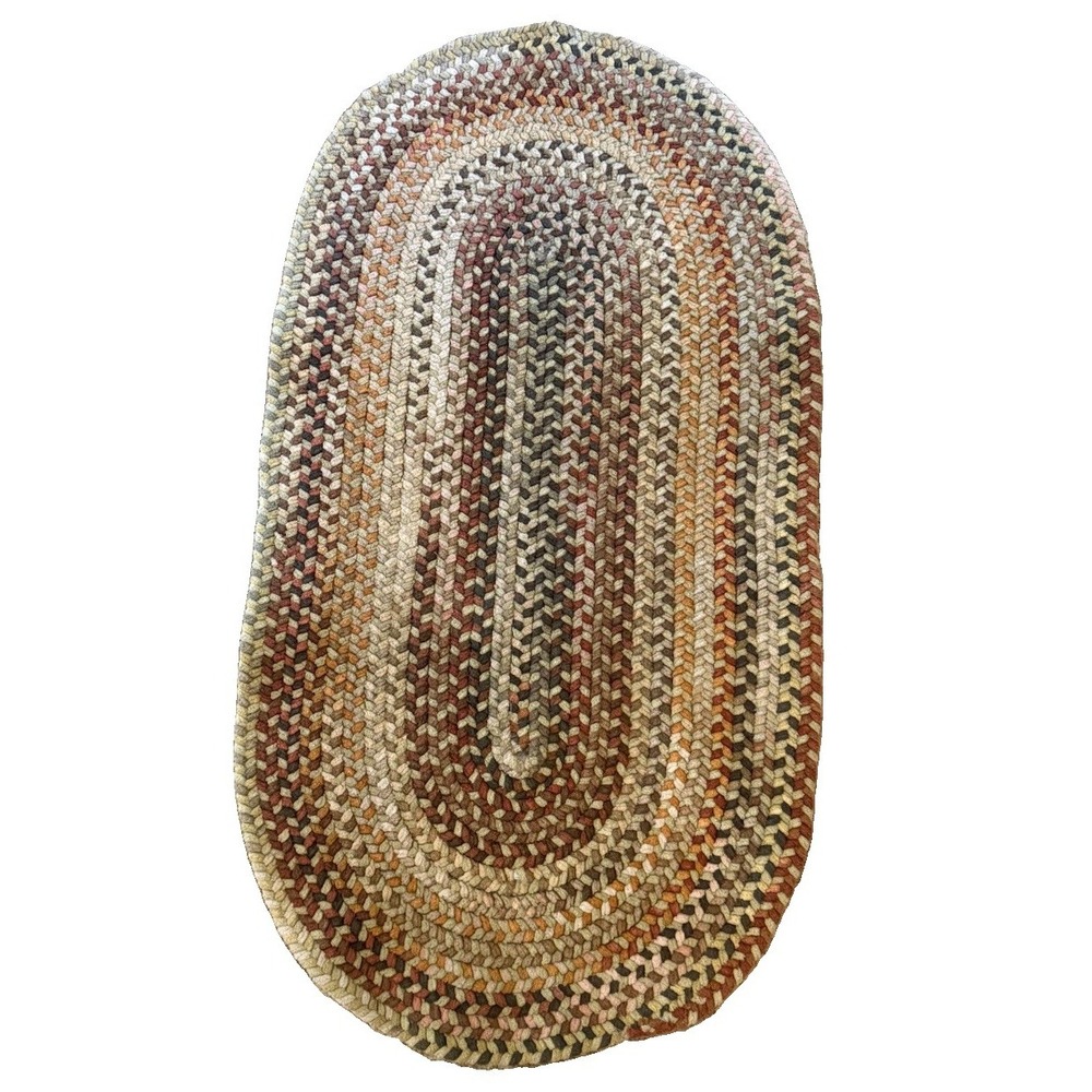 Vintage Oval Braided Rug Rust Green CottageCore Farmhouse 22" X 42"